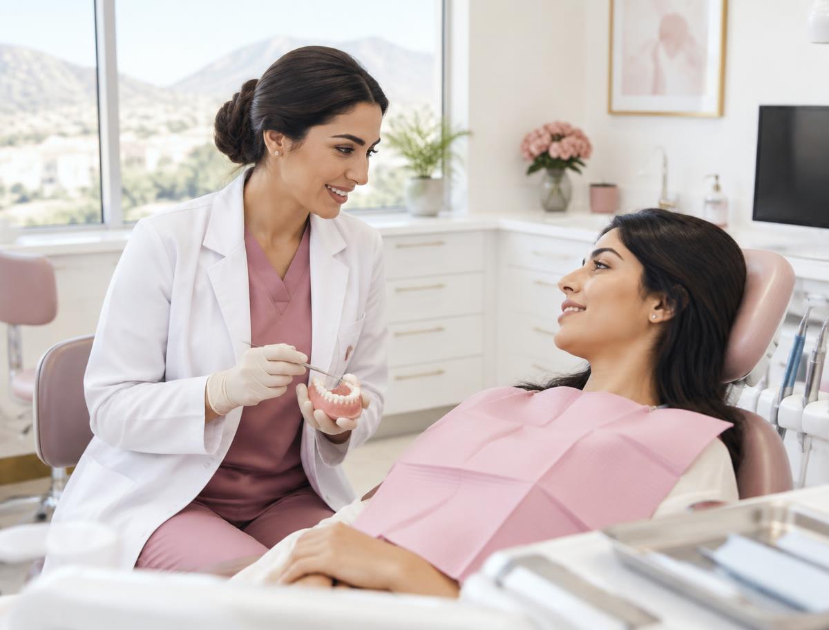 Dentist and patient discussing dental care
